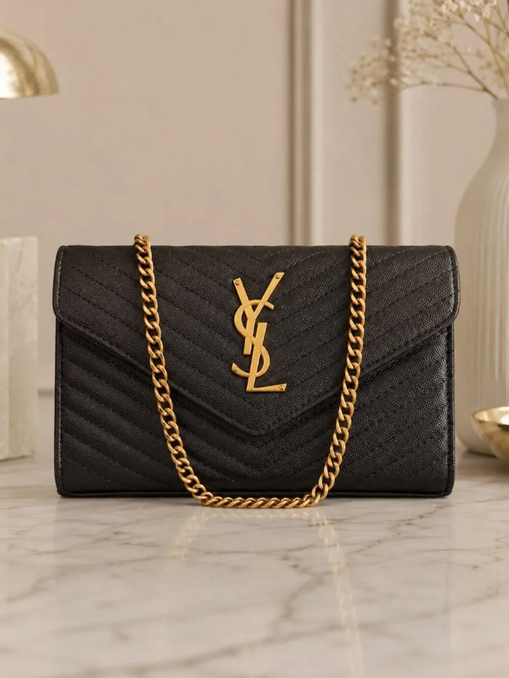 Black Quilted Envelope Chain Shoulder Bag Gold Hardware Crossbody